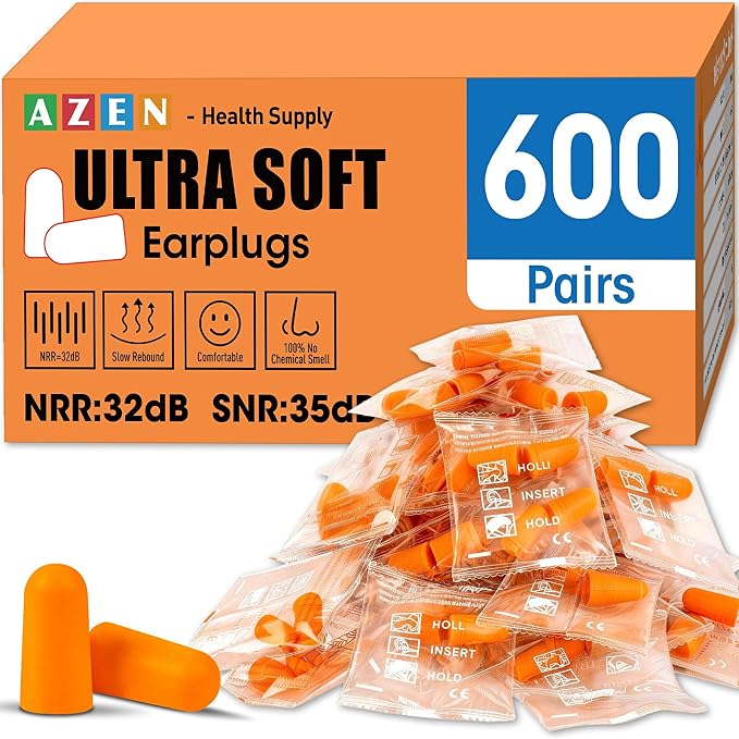 AZEN 600 Pairs Ear Plugs, NRR 32dB Soft Foam Ear Plugs by AZEN