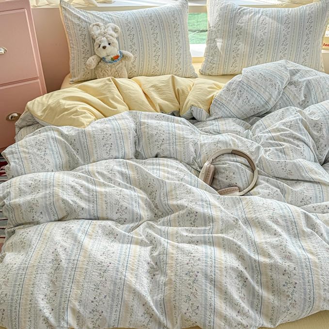BOLINLIVING Vintage Floral Duvet Cover Twin Size, Kids Girls Blue Striped by BOLINLIVING