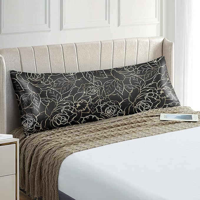 EXQ Home Satin Body Pillowcase for Hair and Skin- Rose on Black Silk Long by EXQHomeTexitleCoLtd