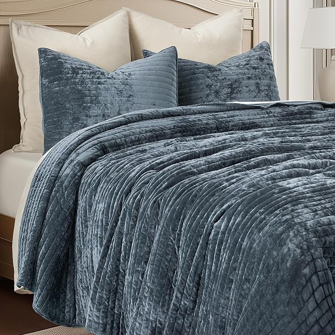 EVERGRACE Velvet Quilt Set King Size, Luxurious Soft Striped Channel Bedding Set - Image 6