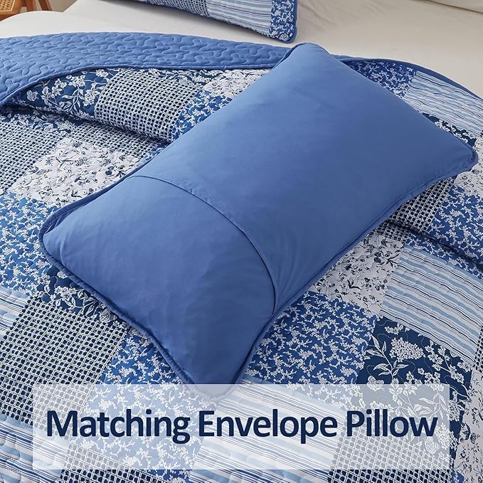 Mybedsoul Blue Quilt Set Full Size, 3 Pieces Plaid Floral Bedspread Set - Image 5