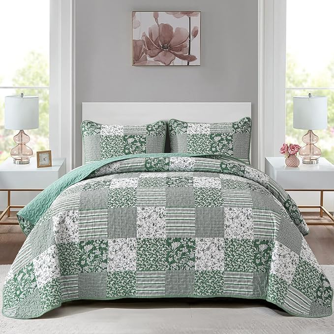 Mybedsoul Green Boho Queen Quilt Set, 3-Piece Reversible Soft Plaid Floral by Mybedsoul