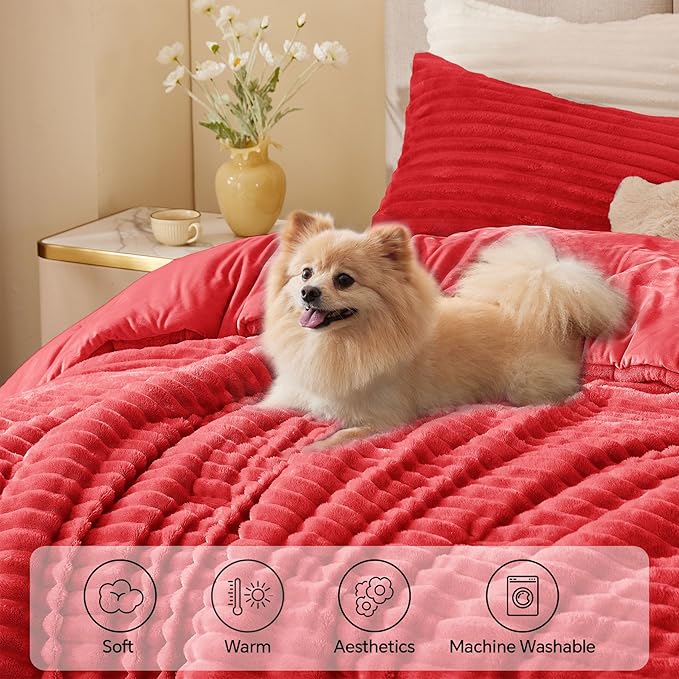 BEDELITE Fleece King Comforter Set -Super Soft & Warm Fluffy Red Bedding - Image 3