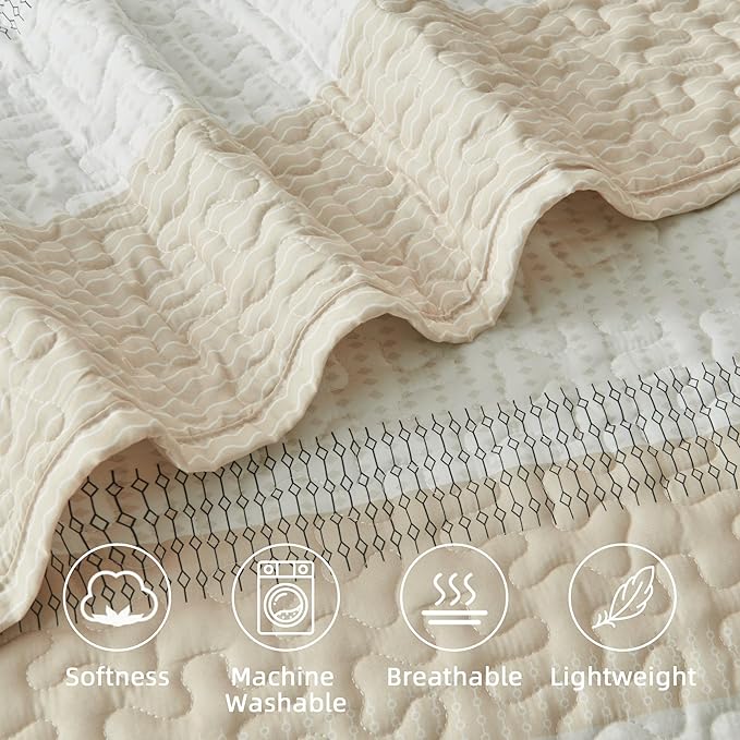 Andency King Size Quilt Set Beige, 3 Pieces Beige Ultra Soft Lightweight - Image 5