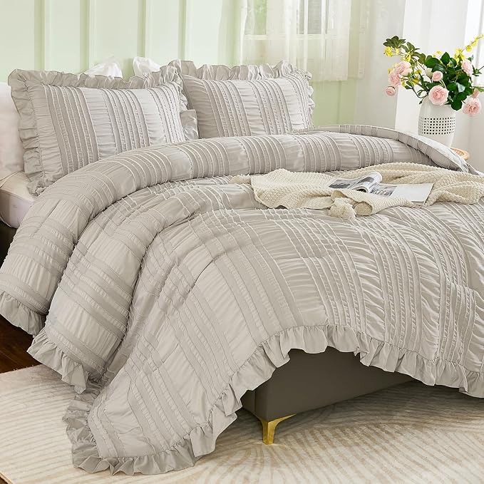 WONGS BEDDING Grey Textured Comforter Set King, 3 Pieces Ruffle Farmhouse - Image 2
