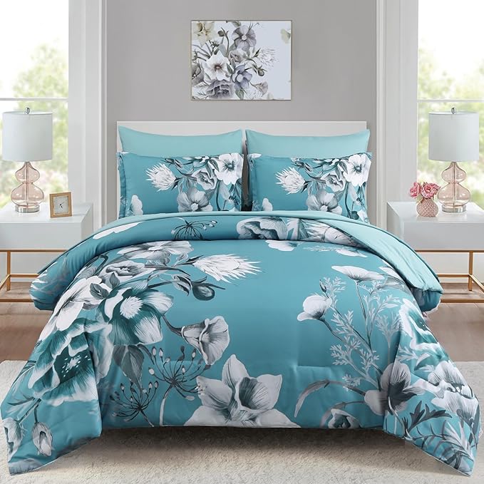 Luxudecor Floral Comforter Set Twin Size 5 Piece, Teal Blue Flower Bed in a Bag by Luxudecor