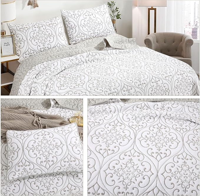 ROOMLIFE Quilt Set Twin Size 3D Floral Embroidery Pattern 3-Piece Cotton - Image 7