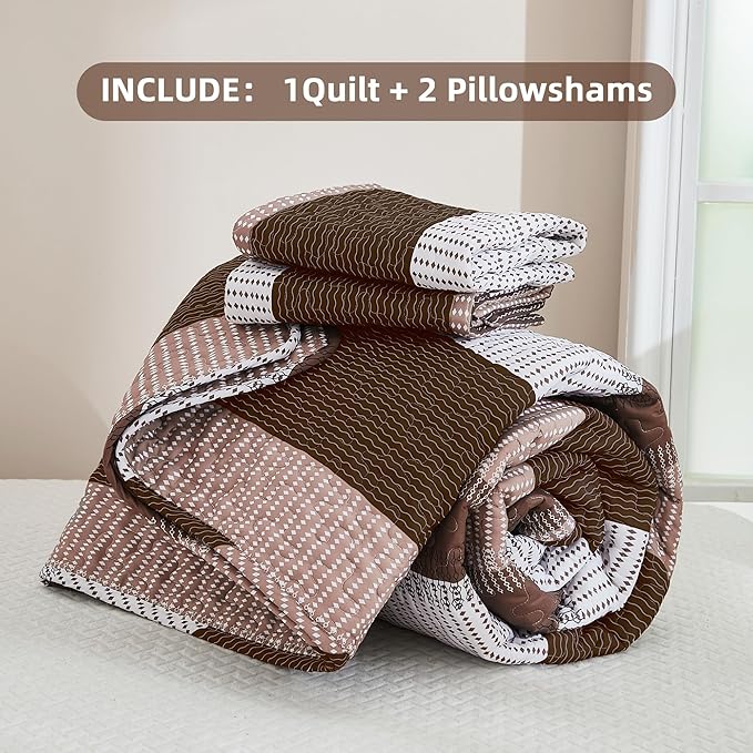 Andency Queen Quilt Bedding Set Brown, 3 Pieces Patchwork Coffee Striped Ultra - Image 7