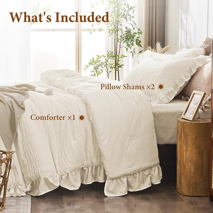 JOLLYVOGUE Ivory Queen Comforter Set, 3 Pieces Seersucker Comforters Queen Size - Image 7