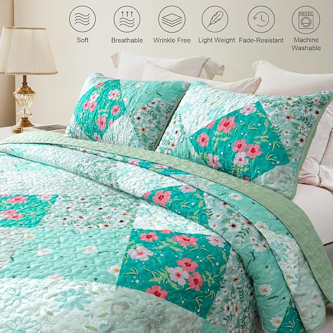 Whale Flotilla Patchwork Quilt Twin Size, Extra Soft Boho Floral Bedspreads - Image 5