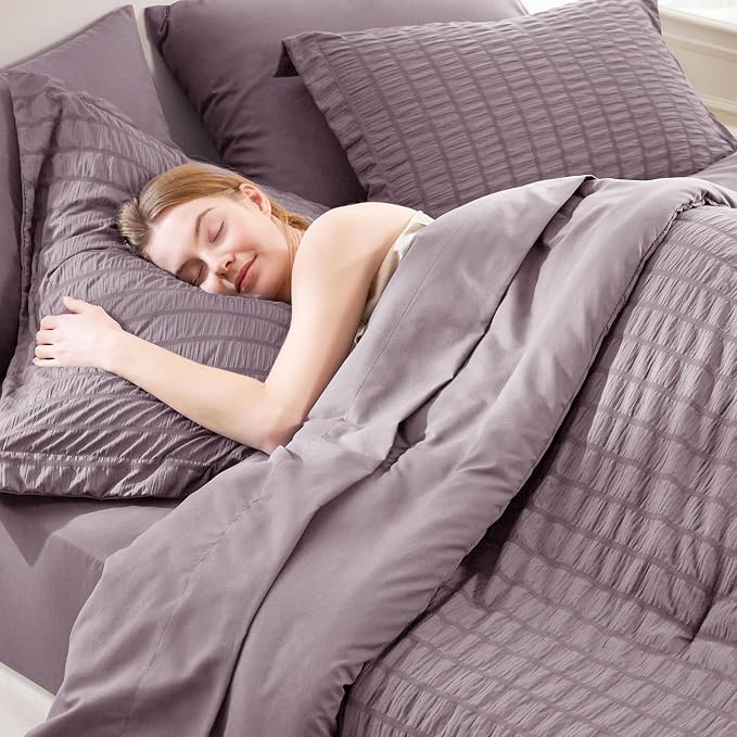 CozyLux King Size Comforter Set Dusty Purple Seersucker 7 Pieces Bed in a Bag - Image 7