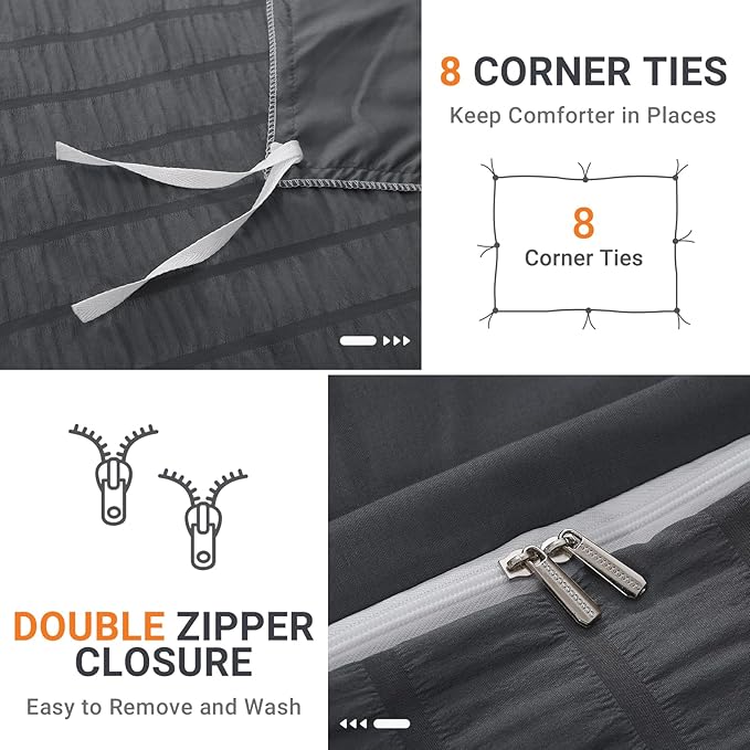 HYMOKEGE Dark Grey Duvet Cover King Size, Ultra Soft 3-Piece Seersucker Duvet - Image 5