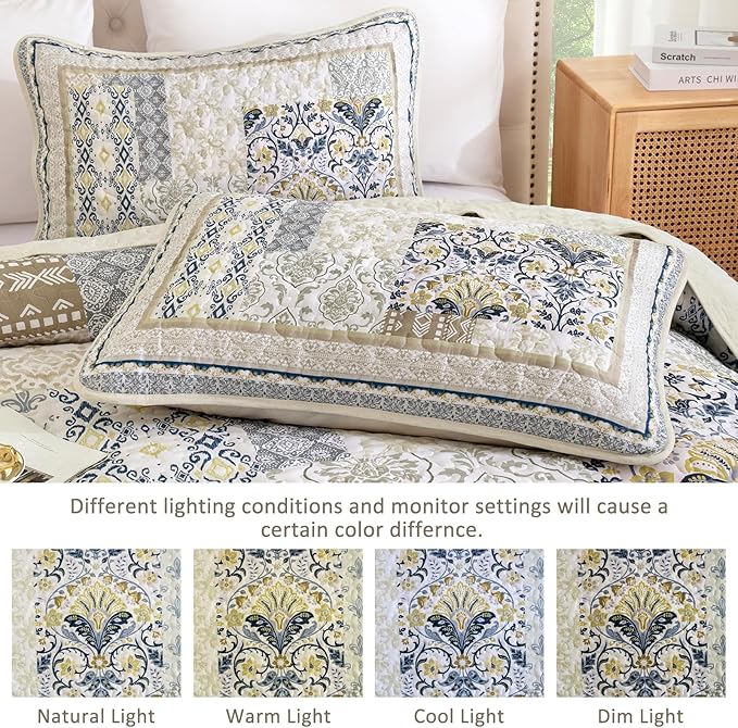 WONGS BEDDING Boho Quilt Set King, 3 Pieces Beige Patchwork Bedspread Coverlet - Image 5
