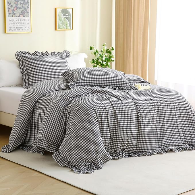 Silnuo Black/White Checkered Ruffle 3-Piece Duvet Cover Set King Size, Washed by Silnuo