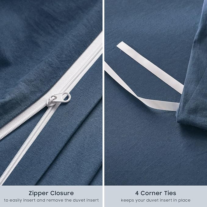 Wake In Cloud - Cotton Duvet Cover Set, Twin Size, Dark Navy Blue, 100% Washed - Image 7