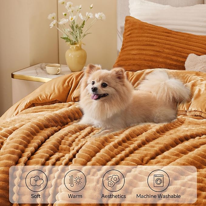 BEDELITE Fleece King Comforter Set -Super Soft & Warm Fluffy Rust Orange Bedding - Image 3