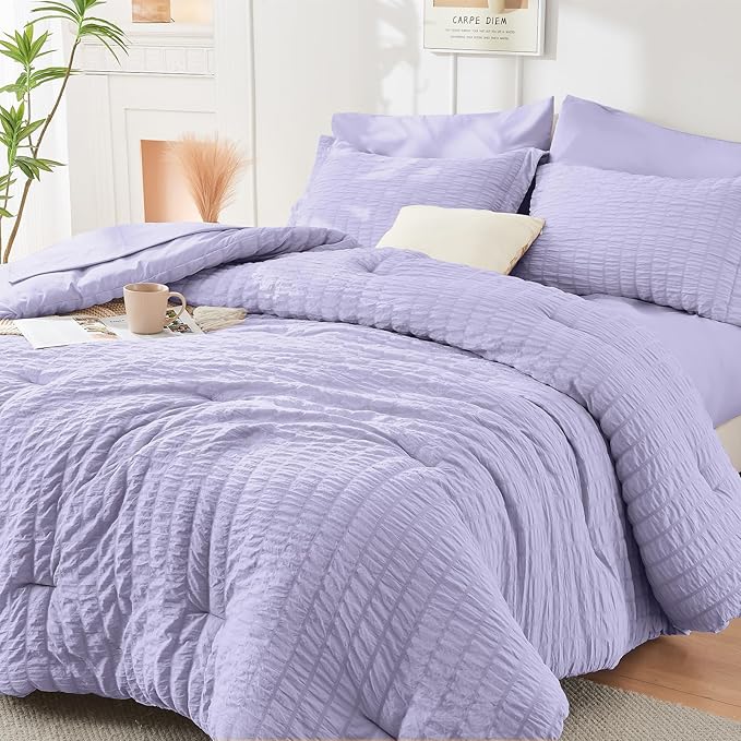 HYMOKEGE Light Purple Full Size Comforter Sets Seersucker 7 Pieces, All Season by HYMOKEGE