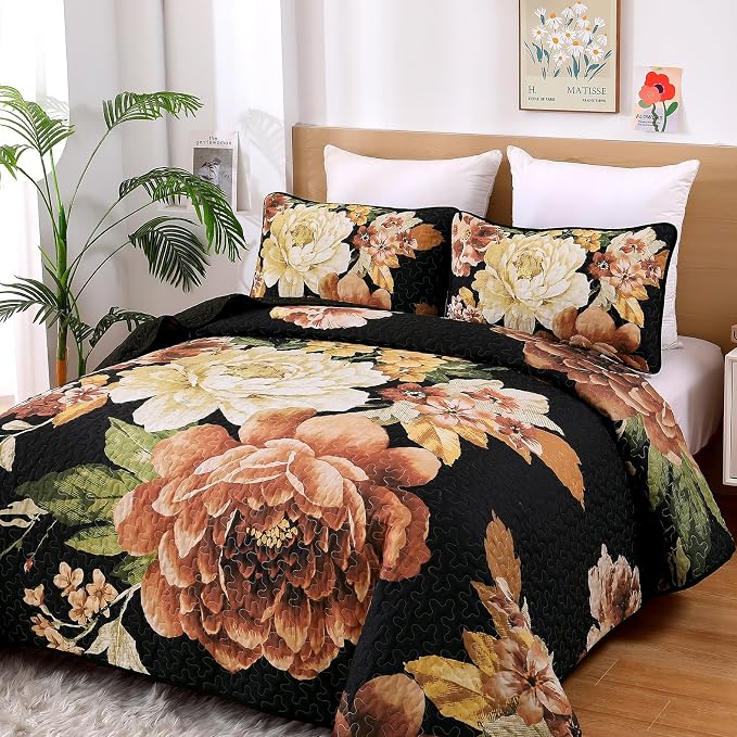 WONGS BEDDING Black Boho Floral Quilt Set Queen, Elegant Gold Flower Bedspread - Image 3