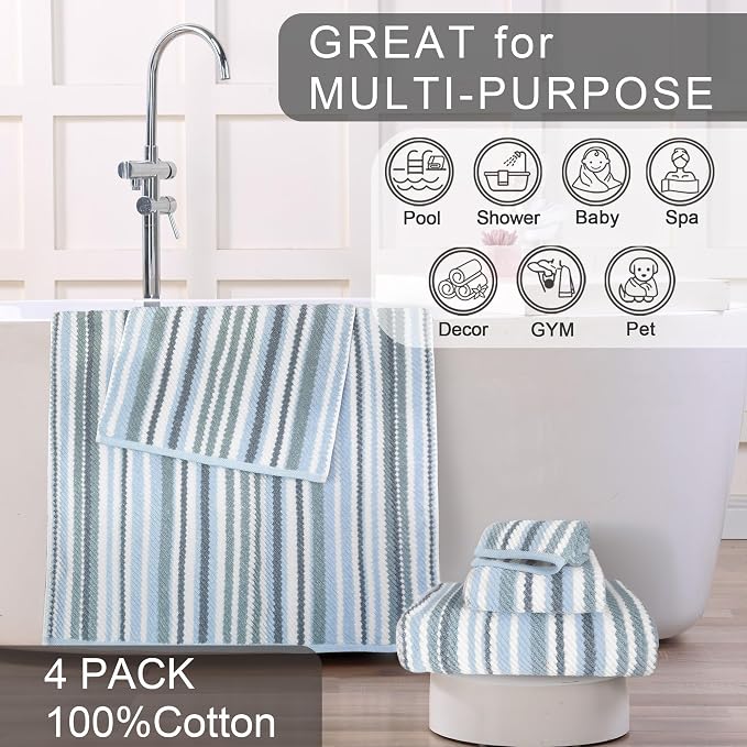 Blue Striped Bath Towels Set of 4, 100% Cotton, Lightweight, Super Soft & - Image 5