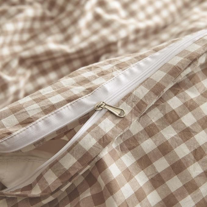 Nayoroom Gingham Duvet Cover King Size 100% Washed Cotton Brown Tan Plaid - Image 7