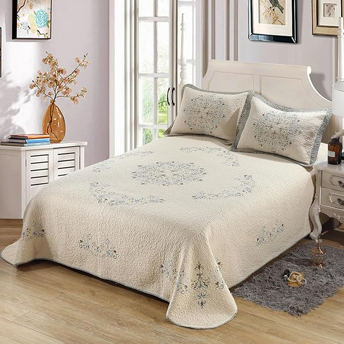 Quilt Set Floral Leaves 3D Embroidery Pattern 3 PCS Cotton Reversible Quilted - Image 3