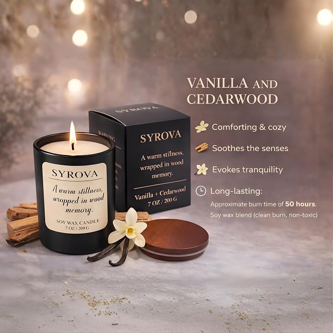 Vanilla & Cedarwood Candle, Luxury Scented Soy Candle 7oz, Cozy Sweet Fragrance - Image 2