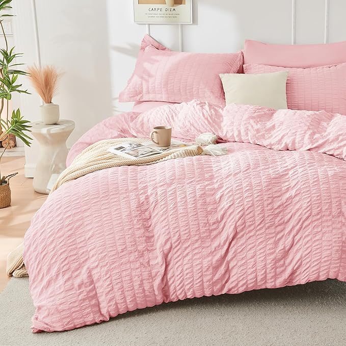 HYMOKEGE Pink Duvet Cover Full Size, Ultra Soft 3-Piece Seersucker Duvet Cover by HYMOKEGE
