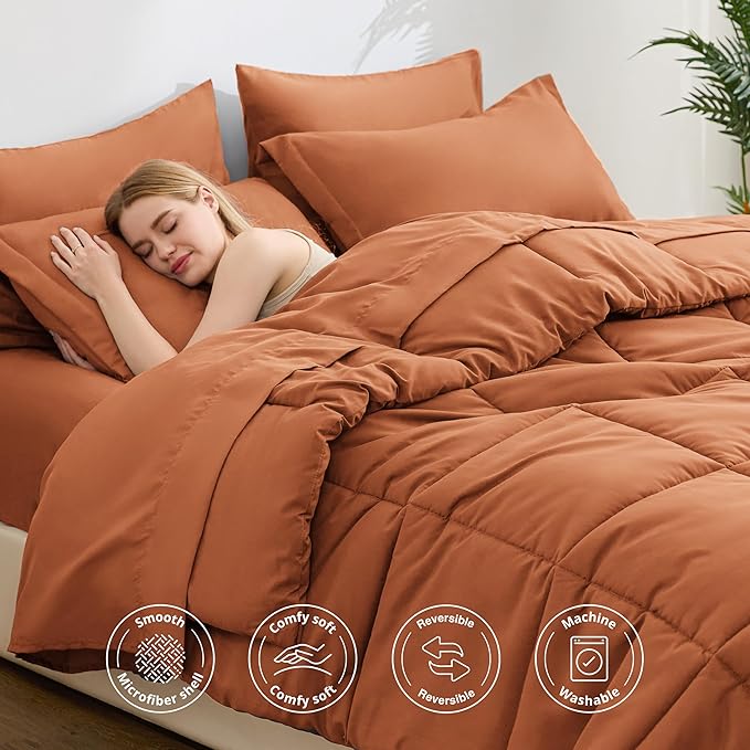 Love's cabin Queen Comforter Set Burnt Orange, 7 Pieces Queen Bed in a Bag - Image 3