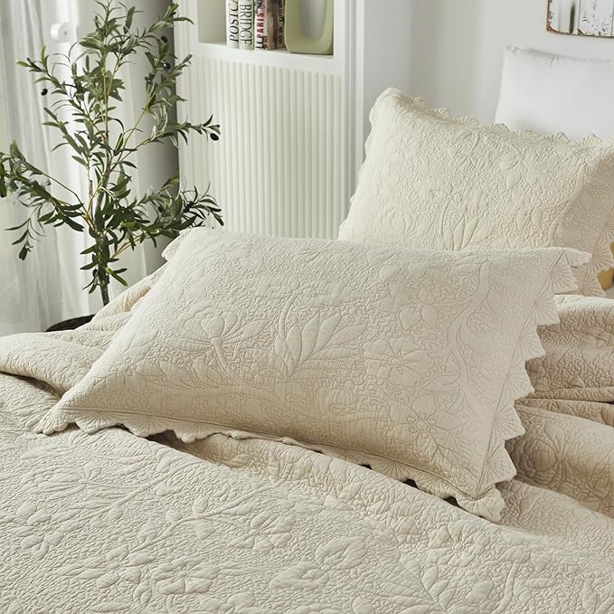 Brandream Queen Size Quilt Set Cotton Beige Quilts Luxury Farmhouse Bedding Set - Image 5
