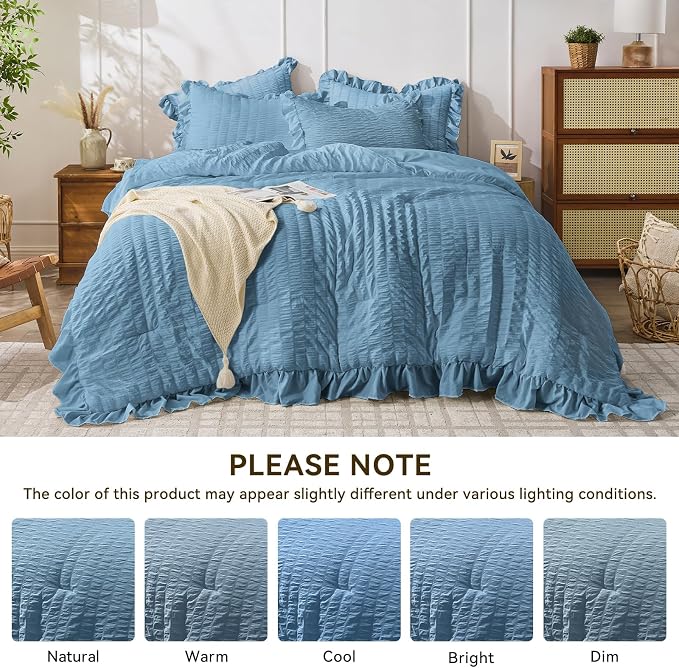 JOLLYVOGUE King Size Comforter Set, 3 Pieces Sea Blue Seersucker Comforters - Image 8
