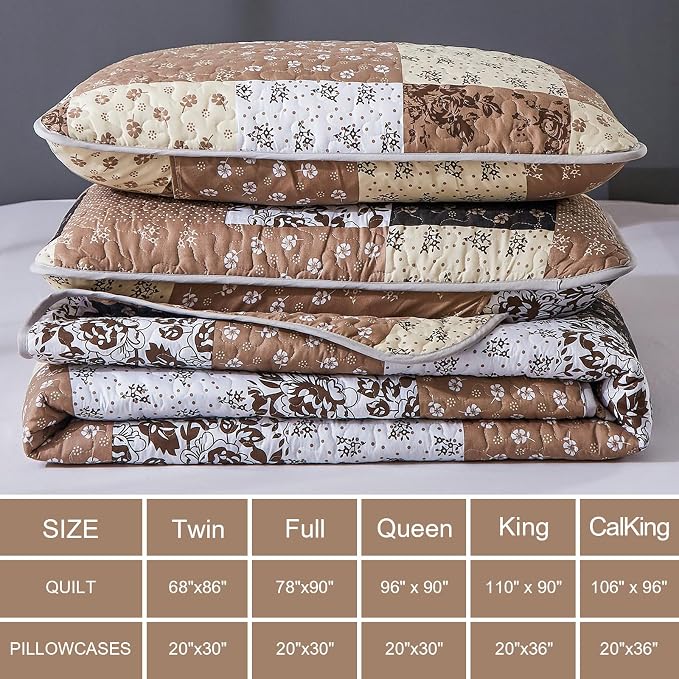 Mybedsoul Brown Quilt Set Full Size, 3 Pieces Plaid Floral Bedspread Set - Image 5