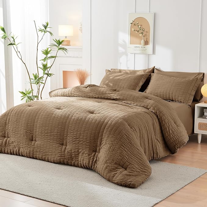 HYMOKEGE Brown Full Size Comforter Sets Seersucker 7 Pieces, All Season Luxury - Image 8