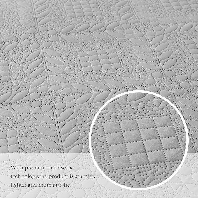 FLYMME Quilt King Size, Lightweight Light Gray Bedspreads, Vintage Olive Leaf - Image 6
