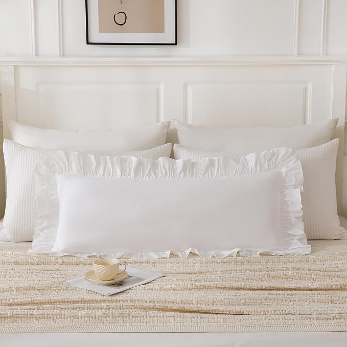 14x36 inches Off White Ruffled Lumbar Pillow Cover 1 Piece, Pure Washed Cotton - Image 2