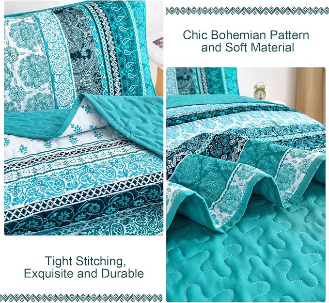 WONGS BEDDING Boho Quilt Set King Size, Teal 3 Pieces Bohemian Striped - Image 5