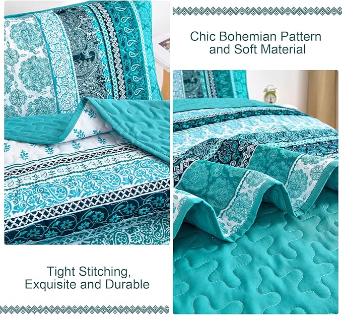 WONGS BEDDING Boho Quilt Set Queen Size, Teal 3 Pieces Bohemian Striped - Image 5