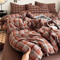 PinkMemory Caramel Blue Gingham Duvet Cover Queen 100% Washed Cotton Buffalo by PinkMemory