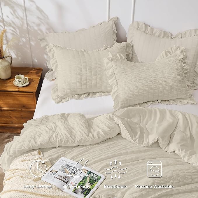 JOLLYVOGUE Full Size Comforter, 3 Pieces Oatmeal Seersucker Lightweight Full - Image 2