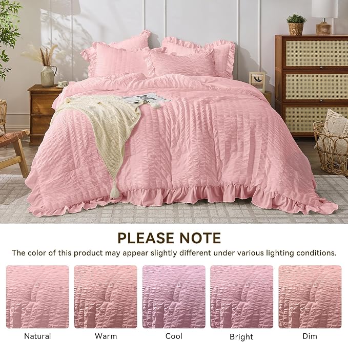 JOLLYVOGUE Pink Seersucker Queen Comforter Set, 3 Pieces Bed in a Bag Comforter - Image 8
