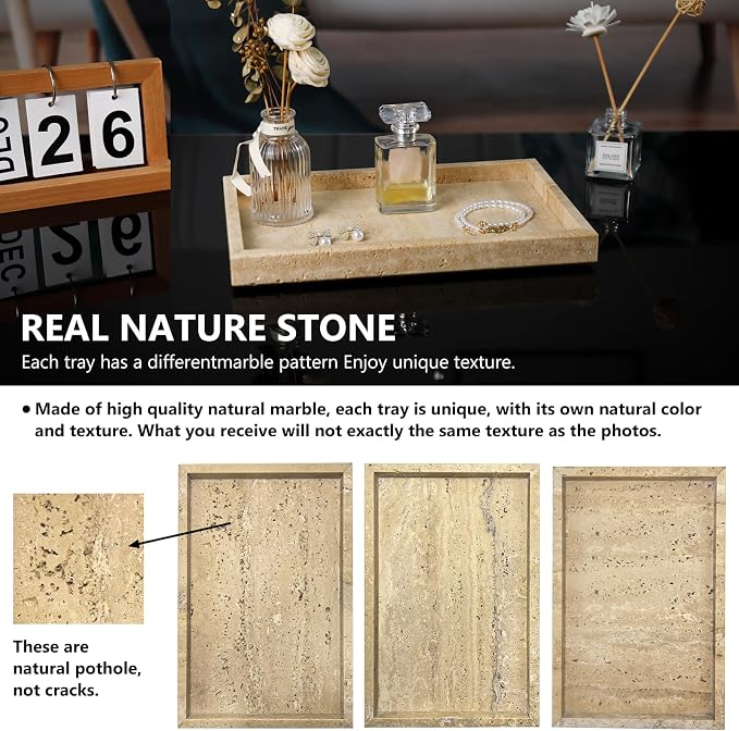 Real Natural Travertine Tray for Bathroom, Kitchen and Desktop, Rectangle - Image 3