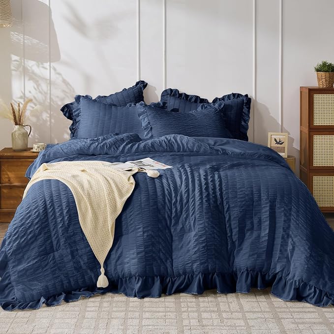 JOLLYVOGUE Navy Blue Comforter Full Size, 3 Pieces Seersucker Lightweight Full by JOLLYVOGUE