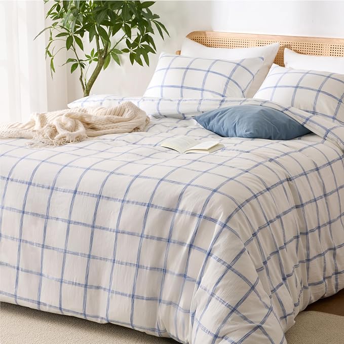 Blue Plaid Duvet Cover Queen Size, 100% Soft Washed Cotton Queen Duvet Cover - Image 2