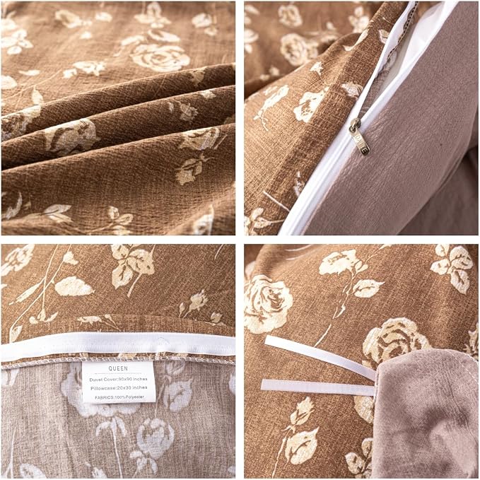 OAITE Brown Flower Twin Size Duvet Cover-3 Pieces Prewashed Cotton-Like - Image 4