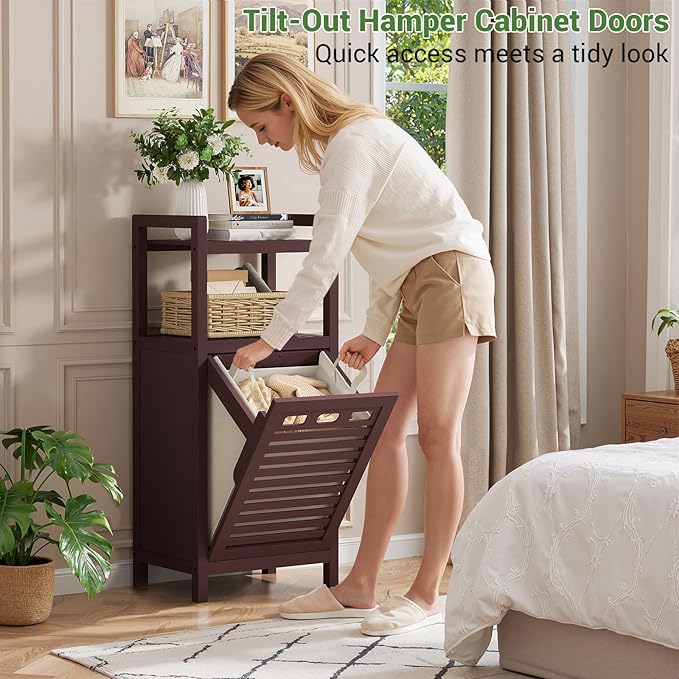 Homykic Tilt Out Laundry Hamper Cabinet, 10 Gal Bamboo Laundry Cabinet - Image 3