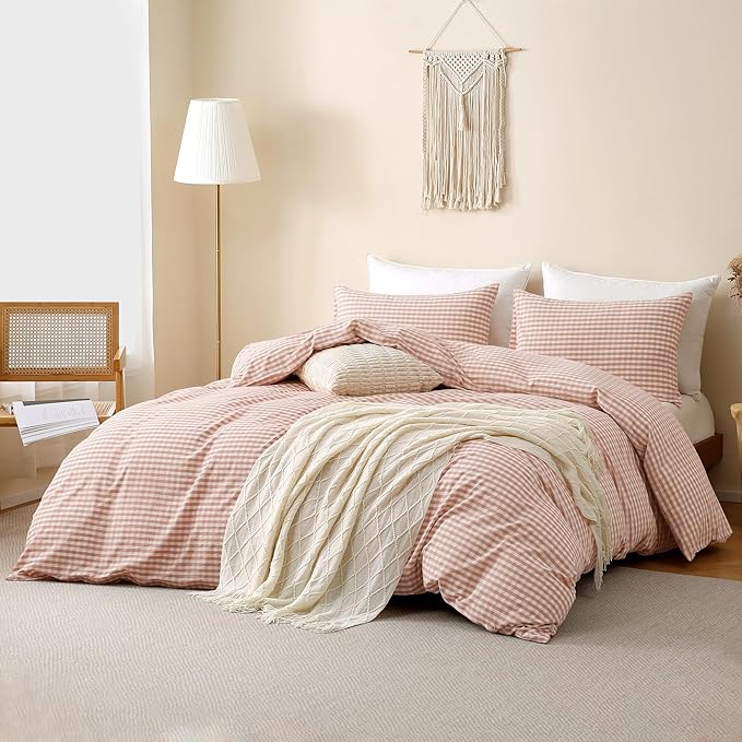 TOCOMOA Pink Tan Gingham Duvet Cover Bedding Set 100% Washed Cotton Like Linen - Image 2
