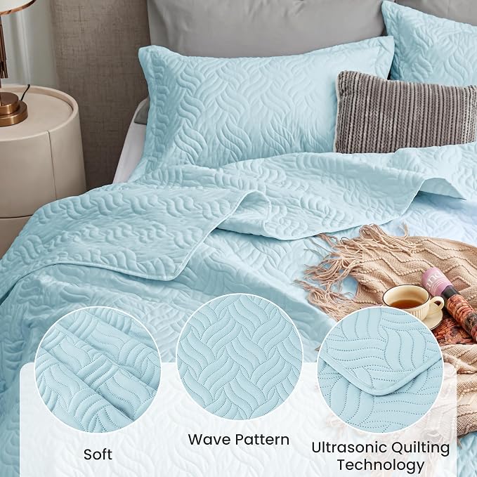 Love's cabin California King Size Quilt Bedding Set Light Blue Bedspread - Image 4