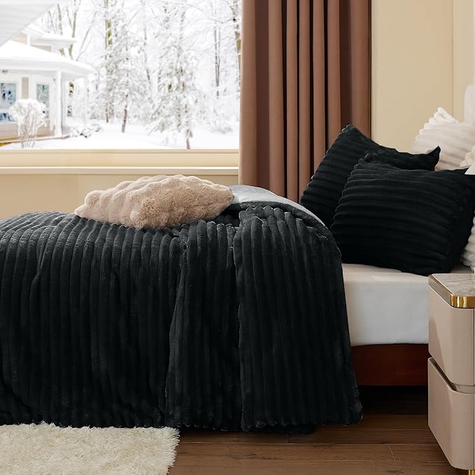 BEDELITE Fleece King Comforter Set -Super Soft & Warm Fluffy Black Bedding - Image 4