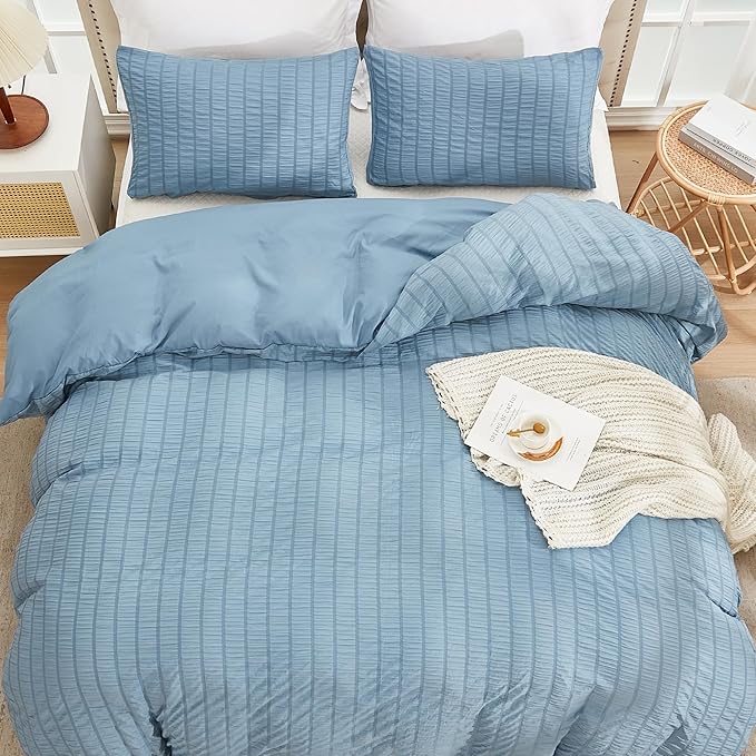 AveLom Grayish Blue Duvet Cover Full, 3 Pieces, Seersucker Tripe Soft Washed - Image 7