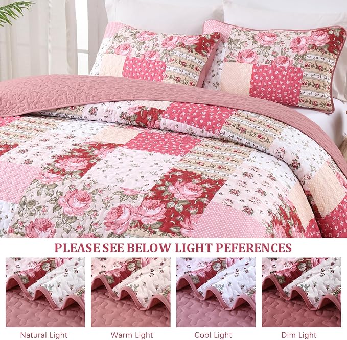 Anibedding 3Pieces Patchwork Quilts King Size, Bohemian Red Flower Plaid - Image 8