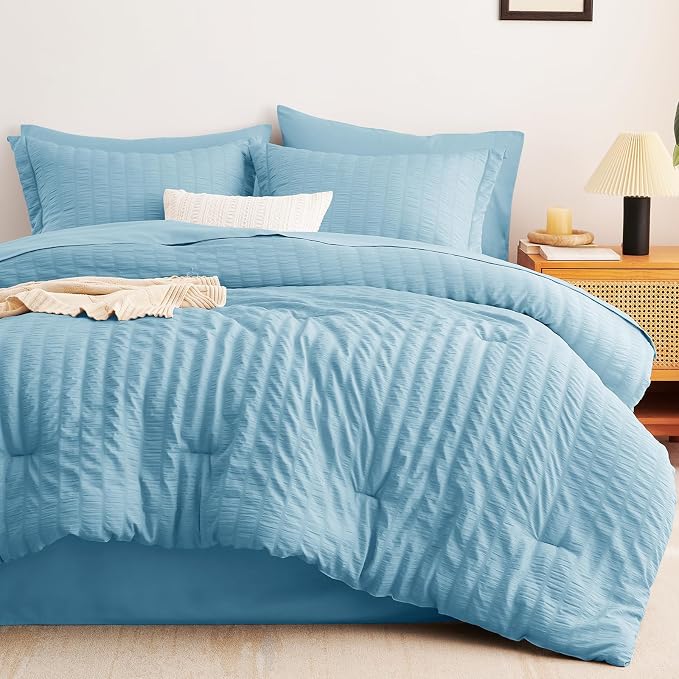 CozyLux King Size Comforter Set Sky Blue Seersucker 7 Pieces Bed in a Bag King - Image 9